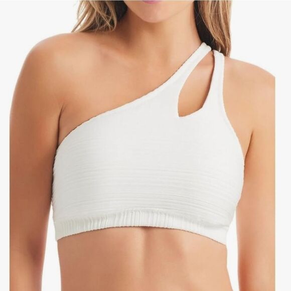 Jessica Simpson Womens One-Shoulder Slash Bikini Swim Top White Cut Out S New - Picture 1 of 7